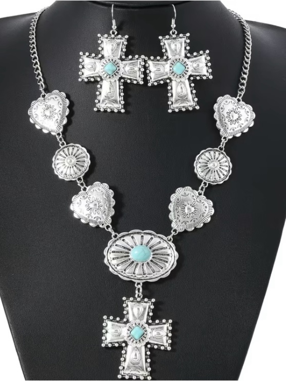 Turquoise Accent Silver-Tone Cross Necklace & Earring Set